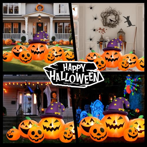 Round 8FT Halloween Inflatable Pumpkin with Witch Hat Yard Decor - Outdoor