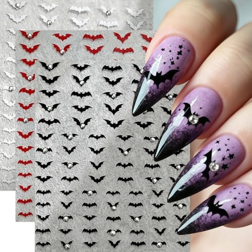 Halloween Nail Stickers Rhinestone Bat Design for Nail Art - 3 Sheets, Black White Red, Cute 5D Embossed Bats, Gothic Fall Decor, Rhinestones Bats Variation