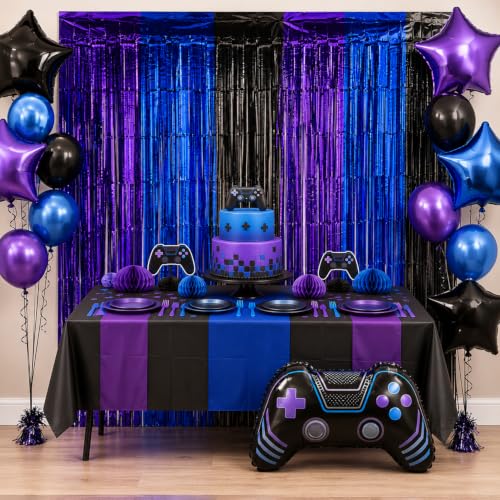 Gaming Foil Fringe Curtains Set - Blue Purple Black 13.2x6.6 ft 4 Pack