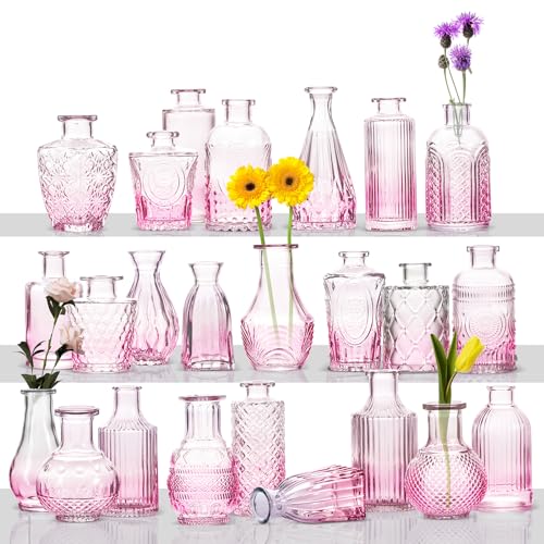 Pink Glass Small Flower Vases Set - 24 Pack for Party Centerpieces