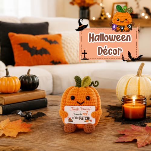 Halloween Teacher Gifts Crochet Pumpkin with Appreciation Card - Fall Office Decor