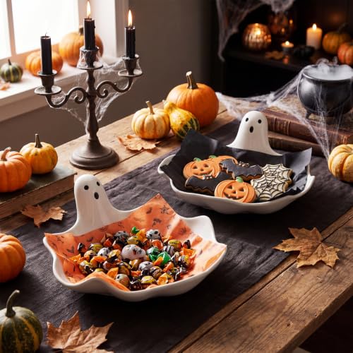 Halloween Ghost Candy Dish Set - Ceramic Ghost Plate Snack Bowls for Treats & Decor