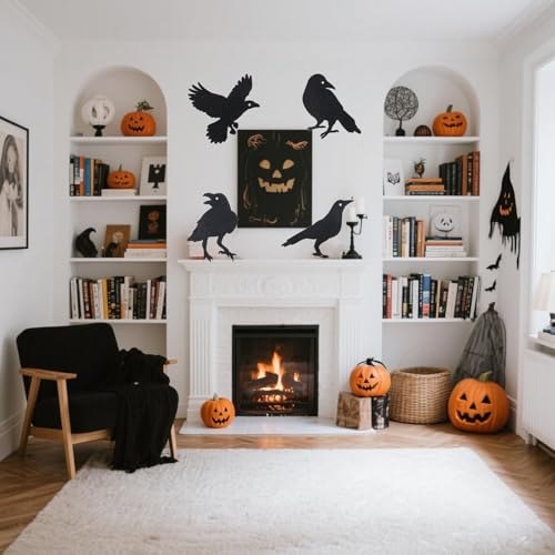 Black Crow Wall Decals - Glitter Halloween Bird Silhouette Stickers for Home & Party Decor