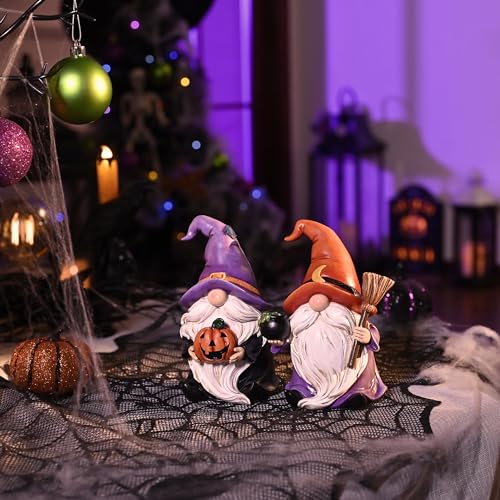 Large Halloween Gnome Decor Set - 2 Resin Figurines with Witch Hat & Broom, Indoor & Outdoor - Valery Madelyn