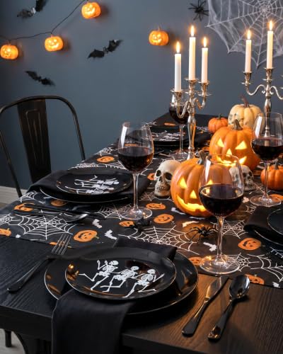 Black Halloween Disposable Plates for Party - Skeleton Design, 125 pcs