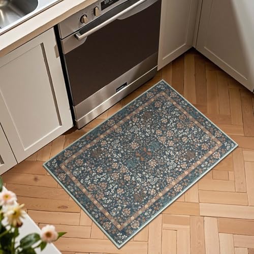 2x3 Washable Entryway Rug - Floral Non-Slip Dark Blue
