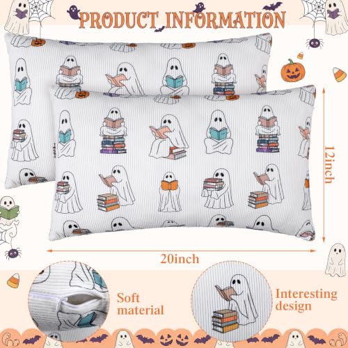 Halloween Ghost Pillow Cover 12x20 Set of 2 - Reading Book Design, Plush Cotton, Fall Decor, Ghost Variation