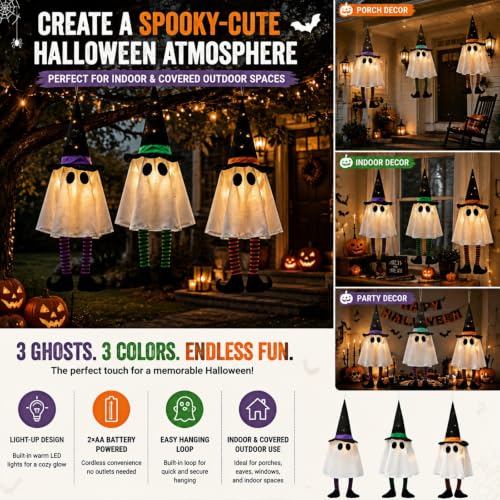 Halloween Ghost Hanging Decoration Set with LED Lights - 3pcs