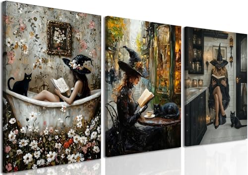 Dark Witch Bathroom Wall Art Set of 3 Canvas Prints - Gothic Halloween Decor