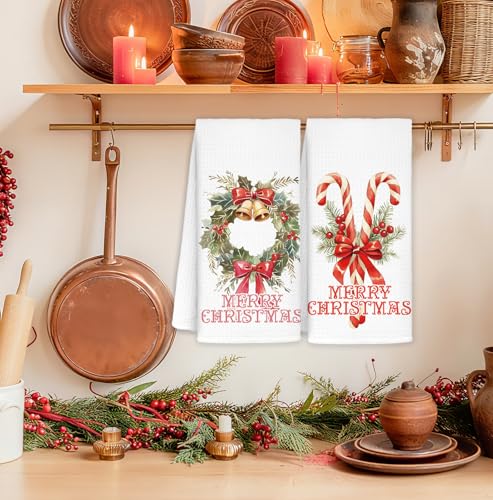 Pink Bow Christmas Kitchen Towels Set of 2 - Holiday Wreath & Candy Cane Decor, 16x24 Inches