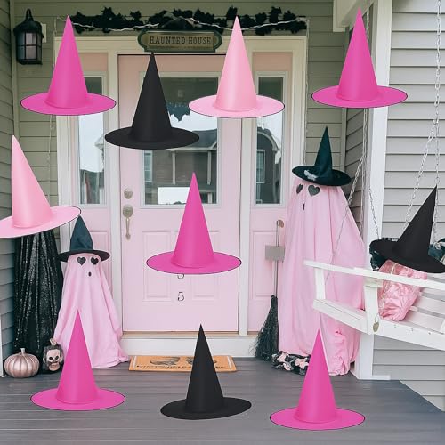 Pink Black Hanging Witch Hats Halloween Decorations - Set of 18