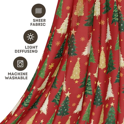 2Pcs Christmas Red Sheer Curtains 52x96in with Xmas Tree Star Foil - Holiday Home Decor