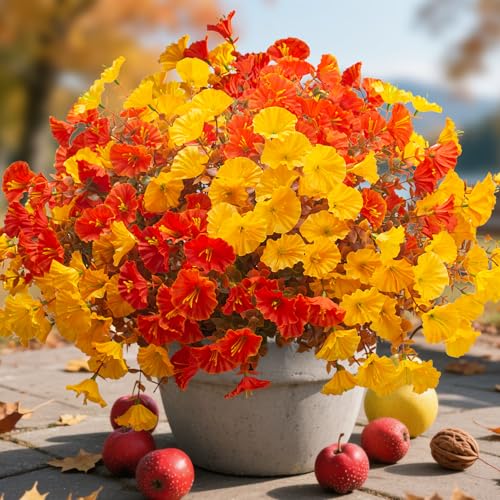 Artificial Fall Flowers Outdoor Decor - 12 Pcs Autumn Fake Plants with UV Resistance & Waterproofing - Fall Mix