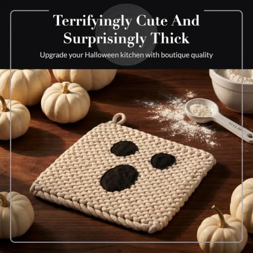 Halloween Ghost Pot Holder - Cotton Crochet Kitchen Hot Pad, 8 Inch