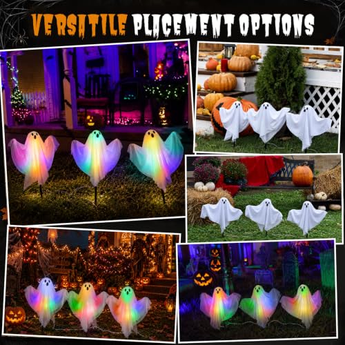 3 Pack Halloween Ghost Stake Pathway Lights Colorful Glowing Ghost Decor - Remote & Timer