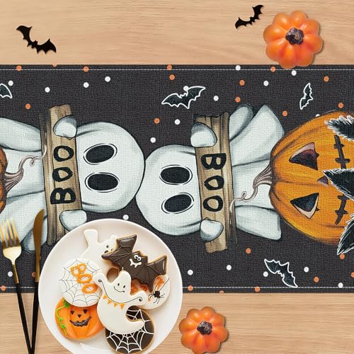Halloween Table Runner 13x108 Inches Spooky Pumpkin Web Decor for Kitchen & Dining - Black