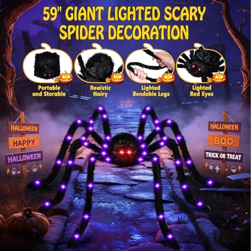 Judilo 4.9FT Giant Halloween Spider Decoration with 38 LED Lights - Black, 1 Pack