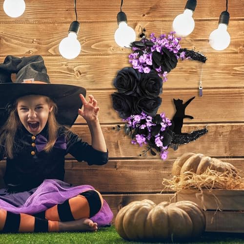 Halloween Wreath Decorations - Black Cat Half Moon Wreath with Lights - Purple Rose Variation