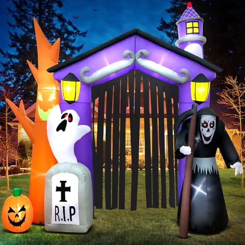 9FT Haunted House Castle Inflatable Archway with LED Lights - Halloween Yard Decoration