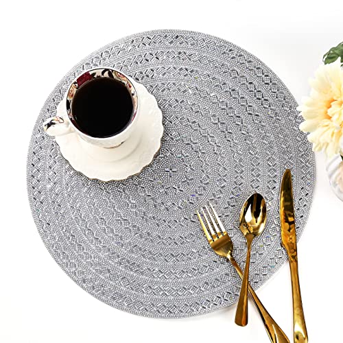 Silver Rhinestone Placemats Set of 4 - 15 Inch X Pattern Glass Table Decor - Silver-X-Pattern