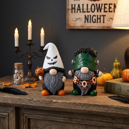 Halloween Gnome Decorations Set - Resin Ghost & Frankenstein Figures, 4-Inch Miniature