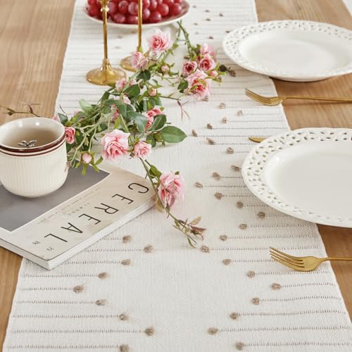 Boho Table Runner 14x48 Inch Taupe/Ivory Woven Home Decor with Fringed Edges