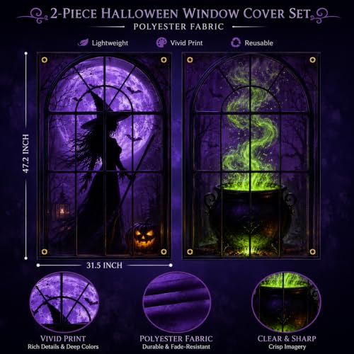 Halloween Window Covers Set - Witch & Cauldron Night Scene, 2 Pack, 31.5 x 47.2 Inches - Witch Variation