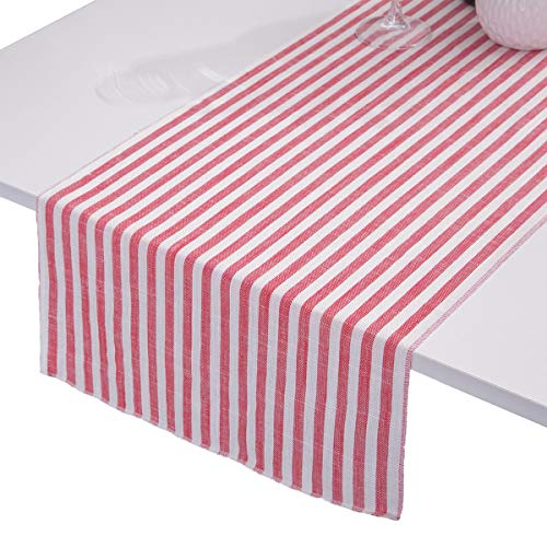 Red Striped Cotton Linen Table Runner 13 x 53 Inches - Rustic Home Decor