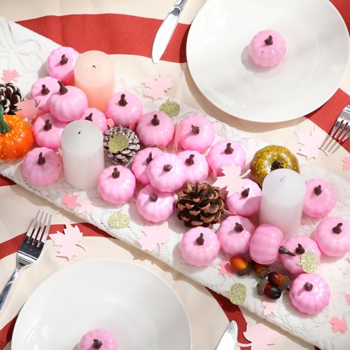 Pink Mini Pumpkins Set - 50 Foam 2 Inch with 100 Confetti for Fall & Events - Variation: Pink / Classic Style