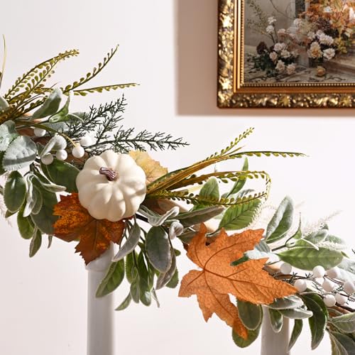 Waipfaru Fall Decor Garland with Lights - 9FT Autumn Mantle Garland, Timer Function