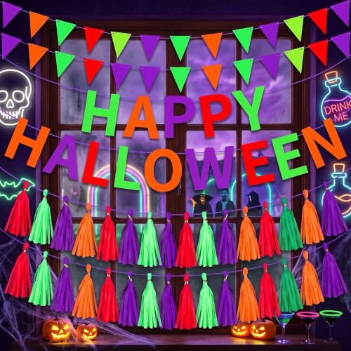 Glow in The Dark Halloween Banner Set - Neon Party Decorations for Walls & Tables