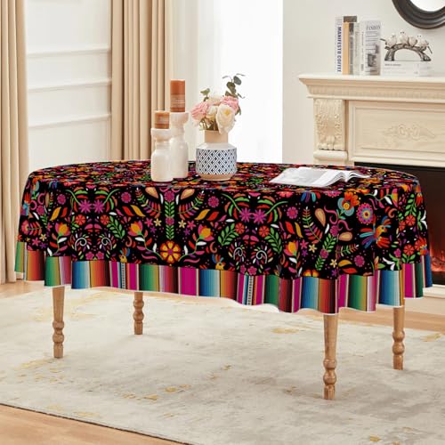 Halloween Cinco De Los Muertos Tablecloth 60x84 Inch Oval Black Stripes Seasonal Table Cover