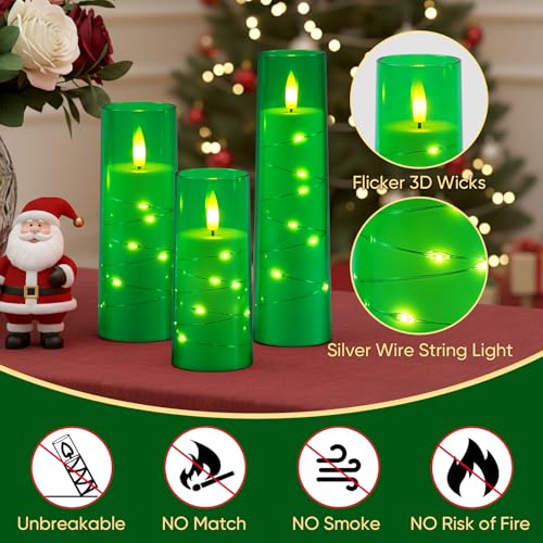 5pcs Green Flameless Battery Operated Candles with Remote Timer & Fairy Lights