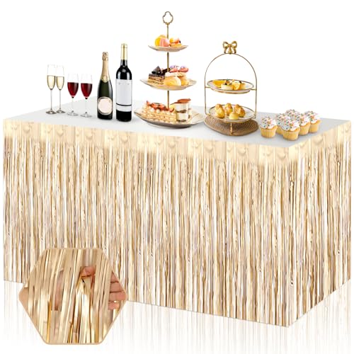 Ferwzsr Champagne Gold Foil Fringe Table Skirt 29x108 Inch Party Decorations - 3 Pack