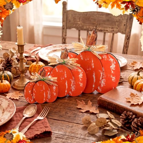 Rustic Fall Wooden Pumpkin Decor Set - 3 Pcs Tabletop Autumn Decorations - 4, 6, 8 Inches with Distressed Finish & Raffia Bows