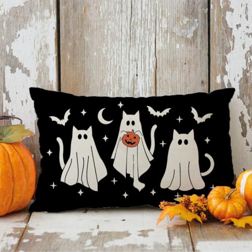 Halloween Throw Pillow Cover 12x20 Ghost Cat Black - Farmhouse Decor