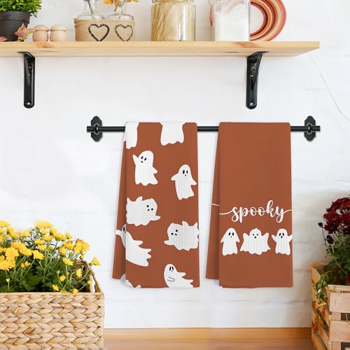 Halloween Ghost Kitchen Towels Set of 2 - Burnt Orange Fall Hand Dish Towels