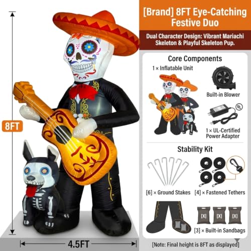 6 FT Halloween Inflatable Skeleton with Mariachi Guitar & Puppy - Outdoor Decor, Bright LEDs, Festive Yard Display (Skeleton)