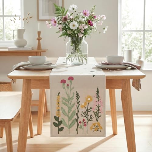Beige Floral Embroidery Table Runner 13x90 Inch for Kitchen & Dining