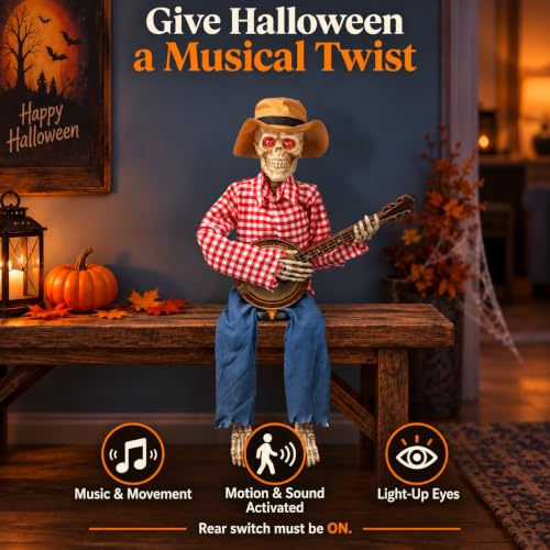 Halloween Animatronic Skeleton with Banjo - Light Up Eyes & Sound Activated, Funny Voice, Indoor Outdoor Decor - Variation of Banjo Playing Skeleton