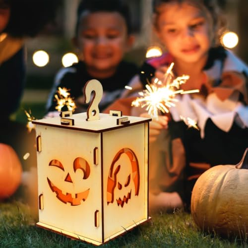 Halloween Wooden Lantern Box with Spooky Cat & Spider Cutouts - Rustic Candleholder Decor