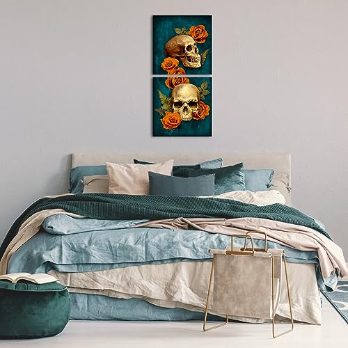 Gothic Skull Wall Art Set - 2 Canvas Prints with Roses for Home Decor