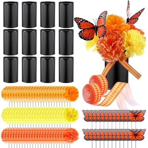 Dia De Los Muertos Altar Decorations Set - 110 Pcs with Marigold Flowers Monarch Butterflies Ribbon