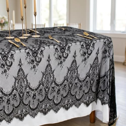 Black Lace Tablecloth 60x120 Inch Rectangular Sheer Wedding Party Decor - Variation 1 / 005-Black