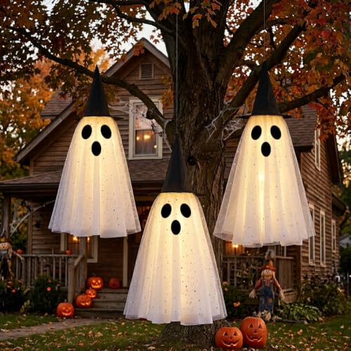 Halloween Hanging Ghost Decorations Set - 17.7/21.6/25.6 Inch Outdoor Ghosts with Witch Hat & Glowing Lights