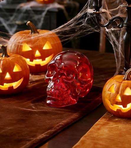 Red Crystal Skull Figurine - Handmade Glass Gothic Decor, Compact Size