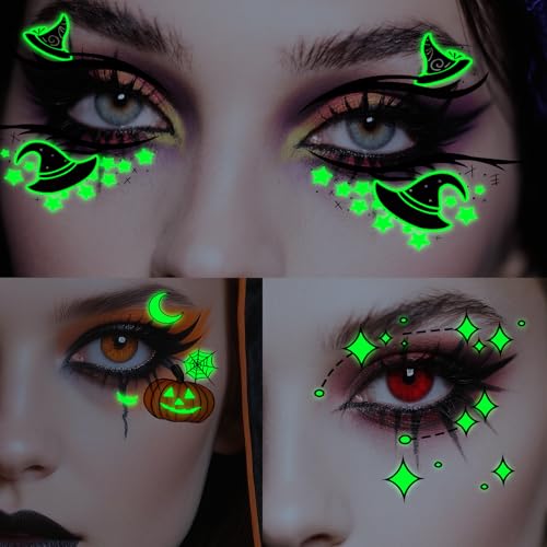 Glow in the Dark Halloween Luminous Eye Shadow Tattoos - 24 Pairs Spider Web Bat Design