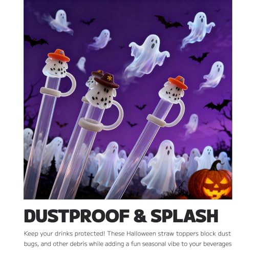 Halloween Ghost Straw Toppers - 4 Pack Reusable Silicone Drink Covers for Stanley Cups