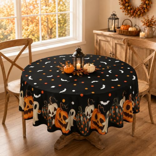 Halloween Round Tablecloth 60 Inch Water-Repellent Reusable Table Cover - Black