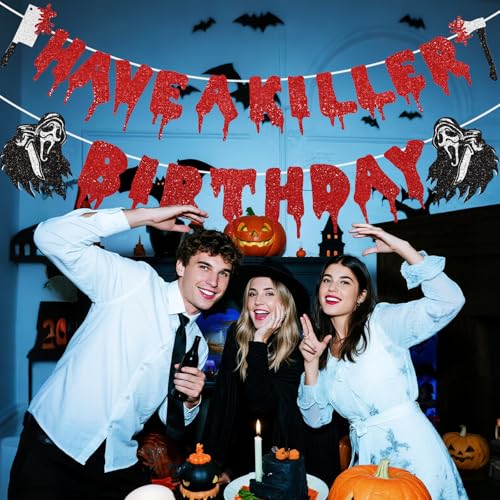 Killer Themed Halloween Birthday Banner with Glitter Spooky Decor